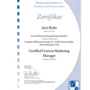 Content Marketing Manager Zertifikat von Webmasters Europe Anis Riahi Webdesigner